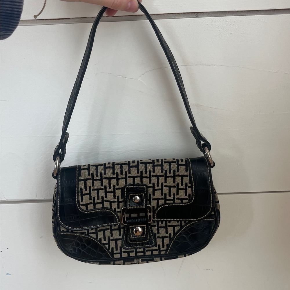 Tommy Hilfiger Woven Monogram Canvas Shoulder Bag with Black Trim - Picture 12 of 15